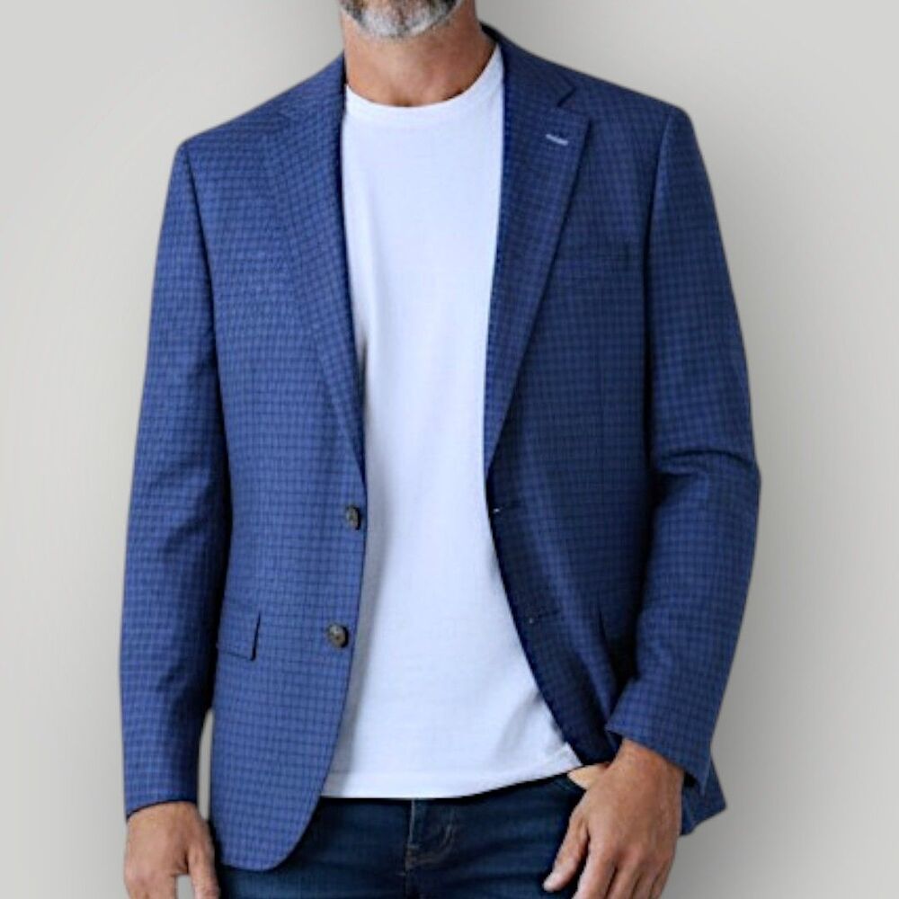 SAMUELSOHN Men’s Blazer 48R Silk/Wool Sport Coat Two Button Jacket Blue Plaid